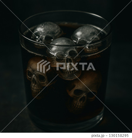 Skull shaped ice cubes floating in dark glass eerie Halloween beverage photography cinematic dark tone Skull shaped ice cubes floating in dark glass eerie Halloween beverage photography cinematic dark tone 130158295