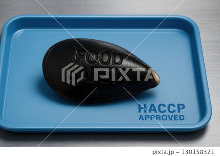 Mussel with FOOD SAFETY engraved on black shell positioned on HACCP approved blue tray with stainless steel background, symbolizing hygiene and quality control in seafood handling 130158321