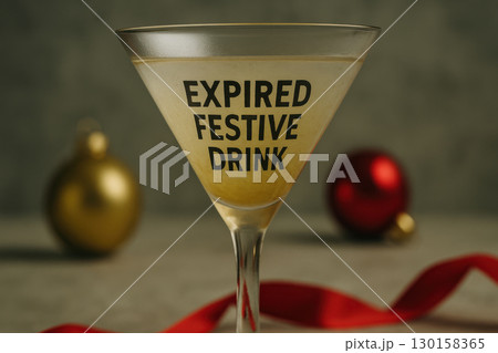 Expired festive drink in cocktail glass with blurred Christmas ornaments and red ribbon creating holiday atmosphere with humorous touch 130158365