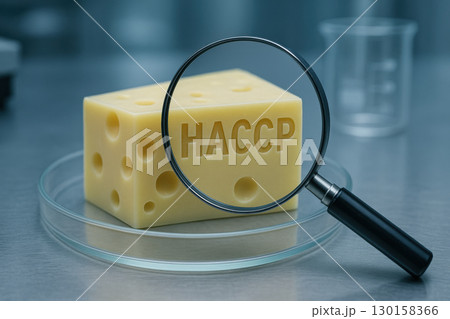 Cheese block with holes under magnifying glass showing HACCP label on petri dish in laboratory environment for food safety and contamination prevention concept 130158366