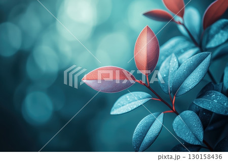 Close-up of vibrant leaves with water droplets glistening in soft light during a calm morning 130158436