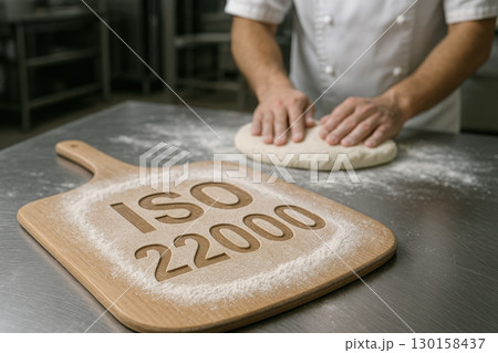 ISO 22000 text carved on flour dusted wooden pizza peel with baker preparing dough on stainless steel table showing hygienic food handling compliance in bakery environment ISO 22000 text carved on flour dusted wooden pizza peel with baker preparing dough on stainless steel table showing hygienic food handling compliance in bakery environment 130158437