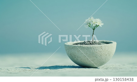 Small white flower grows in a minimalist pot against a serene blue background in a tranquil setting 130158438