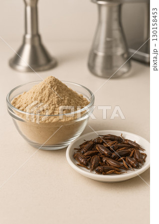 Glass bowl of insect protein powder with roasted crickets on side plate and stainless steel laboratory equipment in blurred background, representing sustainable food innovation concept 130158453