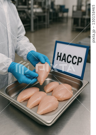 Gloved inspector checking raw chicken breast with HACCP sign on stainless steel tray in industrial poultry inspection facility ensuring food safety and quality control 130158465