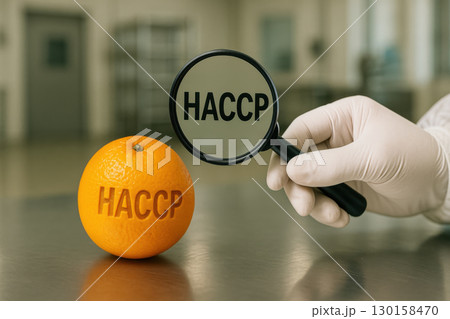 Gloved inspector holding magnifying glass with HACCP text examining fresh orange on stainless steel counter for food safety and quality assurance in clean environment 130158470