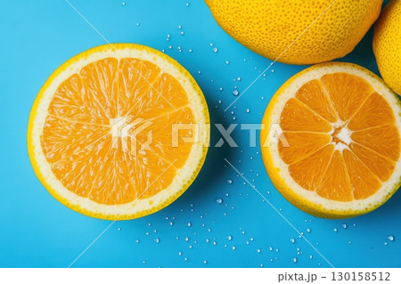 Freshly cut oranges displayed on a vibrant blue background with droplets of water for a refreshing look Freshly cut oranges displayed on a vibrant blue background with droplets of water for a refreshing look 130158512
