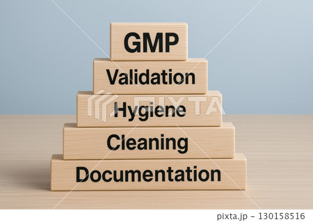 Stacked wooden blocks labeled GMP Validation Hygiene Cleaning Documentation represent key elements of good manufacturing practices ensuring quality and safety in production processes 130158516