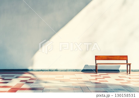 Wooden bench under natural light against a simple wall and patterned floor in a tranquil setting 130158531