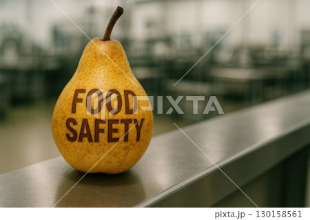 Ripe yellow pear with engraved food safety text on skin placed on industrial metal surface symbolizing food quality and safety compliance in manufacturing environment 130158561