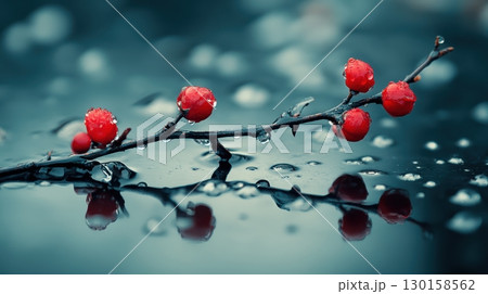Bright red berries glisten on a branch in the rain reflecting the soft light during a tranquil morning 130158562