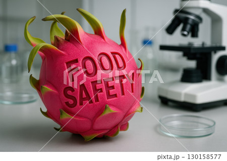 Food safety concept with dragon fruit carved with text on pink peel in laboratory setting with microscope and glassware for inspection and quality control 130158577