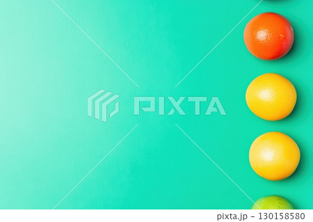 Colorful arrangement of citrus fruits on a bright turquoise background showcasing freshness and vibrancy 130158580