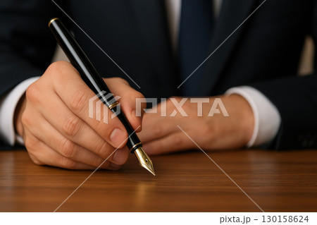 Businessman hand holding elegant black fountain pen over wooden desk close up corporate legal agreement concept with formal suit and tie 130158624