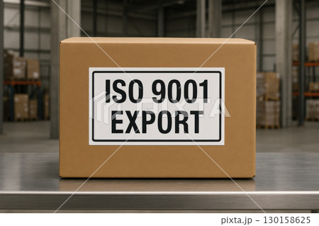 Cardboard box with ISO9001 export label placed on stainless steel table in industrial warehouse environment showing global trade and logistics concept 130158625