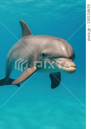 Playful dolphin swimming underwater in clear blue ocean water, showing smooth skin and friendly expression in natural marine environment 130158629