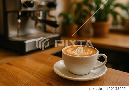 Hot cappuccino with latte art in white cup on wooden counter blurred espresso machine and plants in background cozy cafe concept 130158665