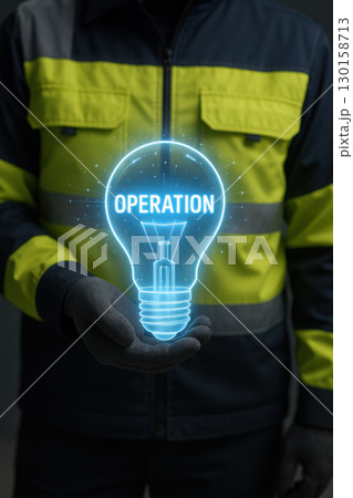 Worker in reflective uniform holding glowing holographic light bulb labeled operation, symbolizing futuristic industrial innovation and technology concept with dark background 130158713