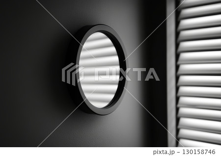 Reflection in a round mirror near striped window blinds creates a minimalist atmosphere 130158746