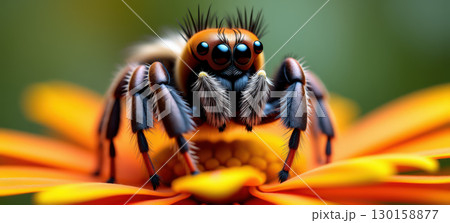 Furry spider on vibrant orange flower 130158877