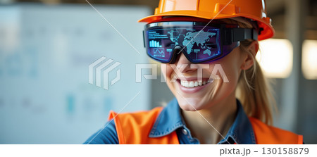 Woman wearing smart glasses in construction site 130158879