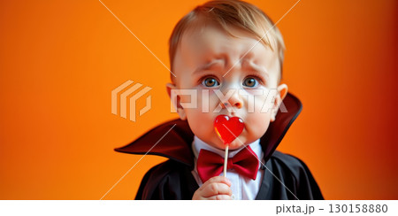 Child in vampire costume with lollipop 130158880
