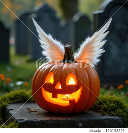 Jack-o-lantern with wings in cemetery 130158893
