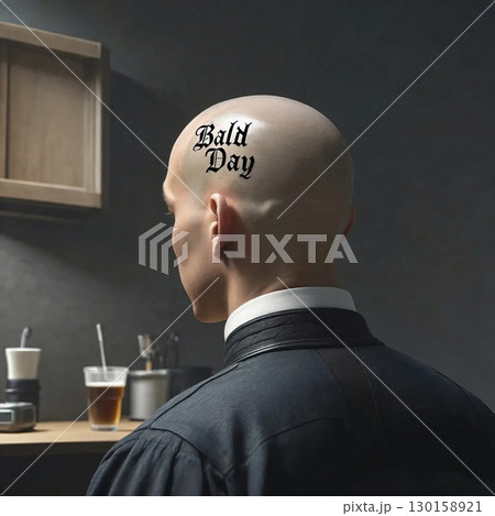 Bald man with tattoo on head in formal attire. A bald man in formal attire is seen from behind, with the words "Bald Day" tattooed on his head. 130158921
