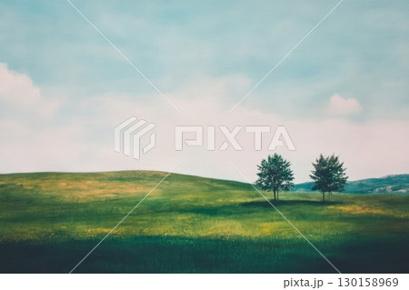 Serene landscape with two trees on a gentle hill under a clear sky during the day 130158969