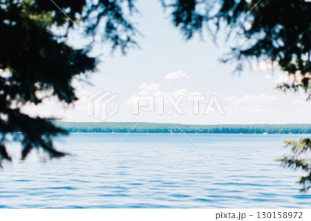 Serene lake view surrounded by trees under a clear blue sky in summer 130158972