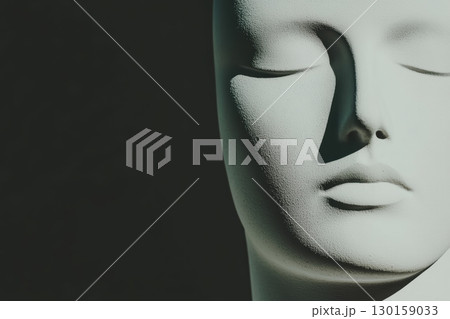 Close-up view of a white mannequin head against a dark background showcasing minimalist design and soft lighting Close-up view of a white mannequin head against a dark background showcasing minimalist design and soft lighting 130159033