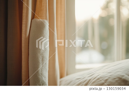 Sunlight streaming through curtains in a cozy room with a soft pillow at sunset Sunlight streaming through curtains in a cozy room with a soft pillow at sunset 130159034