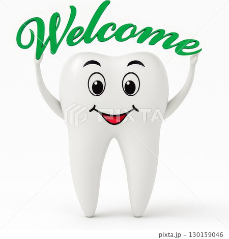 Smiling tooth mascot holding welcome sign on white background Smiling tooth mascot holding welcome sign on white background 130159046