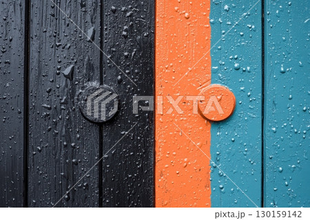 Colorful wooden door panels with raindrops captured after a rain shower in an urban setting 130159142