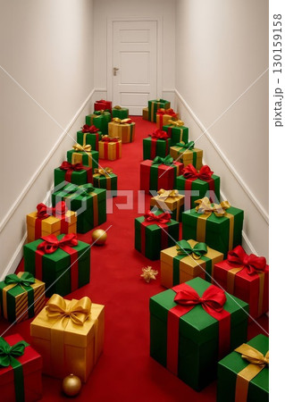 Christmas gift boxes in hallway with red carpet and white door. Festive and magical holiday concept 130159158