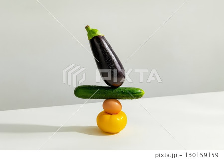 Creative food balance with eggplant cucumber egg and yellow tomato 130159159