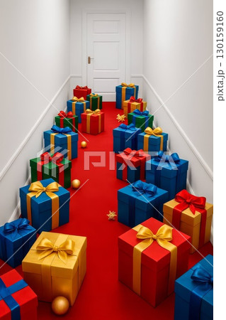 Colorful gift boxes in hallway with red carpet and white door. Festive holiday interior concept for Christmas New Year Colorful gift boxes in hallway with red carpet and white door. Festive holiday interior concept for Christmas New Year 130159160