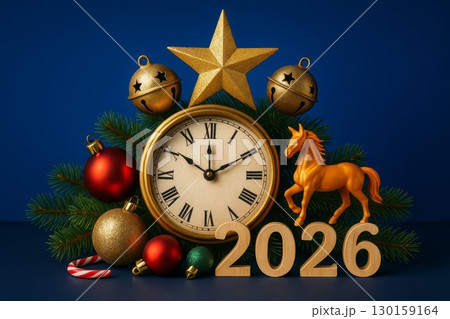 Golden horse with 2026 numbers and New Year clock. symbolizing New Year celebration 130159164