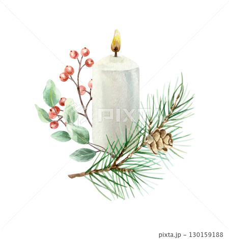 Christmas candle with green fir branch, red berries, eucalyptus leaves and pine cone. Hand drawn watercolor pastel illustration for New Year cards and posters. Christmas candle with green fir branch, red berries, eucalyptus leaves and pine cone. Hand drawn watercolor pastel illustration for New Year cards and posters. 130159188