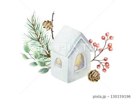 Christmas candlestick house with green fir branch, red berries, eucalyptus leaves and pine cones. Hand drawn watercolor pastel illustration for New Year cards and banners. Christmas candlestick house with green fir branch, red berries, eucalyptus leaves and pine cones. Hand drawn watercolor pastel illustration for New Year cards and banners. 130159196
