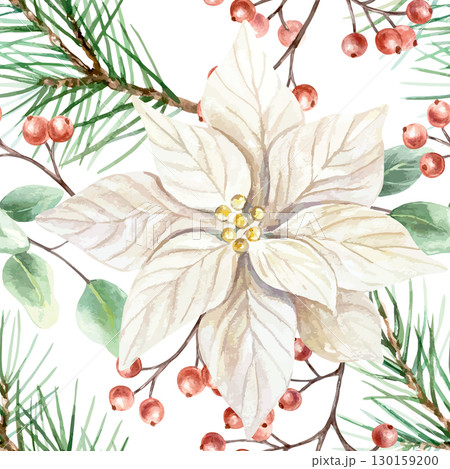 Christmas seamless pattern with white poinsettia flower, fir branches, red berries and green eucalyptus leaves. Hand drawn watercolor pastel illustration for New Year wrapping paper and textile. Christmas seamless pattern with white poinsettia flower, fir branches, red berries and green eucalyptus leaves. Hand drawn watercolor pastel illustration for New Year wrapping paper and textile. 130159200