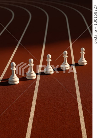 Chess pawns lined up on race track at starting line. Creative metaphor for challenge, leadership, and success Chess pawns lined up on race track at starting line. Creative metaphor for challenge, leadership, and success 130159227