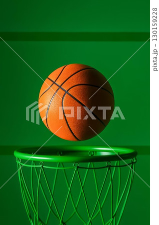 Basketball ball flying over green hoop on vibrant background. Minimalist sports concept, dynamic composition, athletic Basketball ball flying over green hoop on vibrant background. Minimalist sports concept, dynamic composition, athletic 130159228