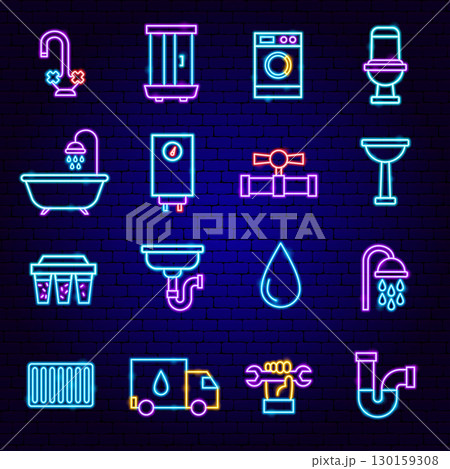 Plumbing Neon Icons Set Plumbing Neon Icons Set 130159308