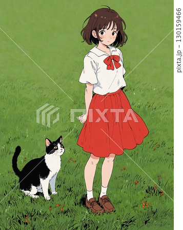 猫と遊ぶ女の子 130159466