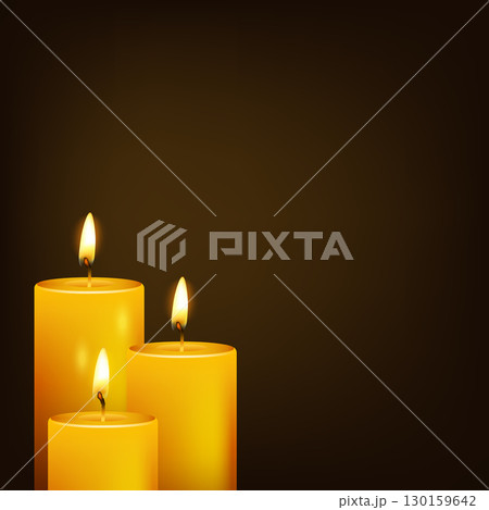 Three Burning Candles Vector Illustration. Realistic Wax Candlelight Set with Flames. Decorative Cozy Candle Icons. Isolated Candle Group for Spa, Relaxation, Holiday, Memorial, Romantic Design 130159642