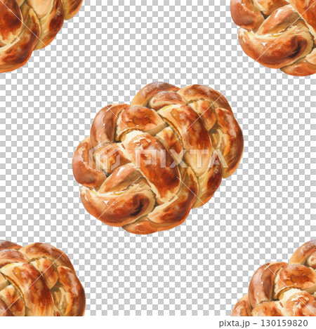 Watercolor repeating pattern of braided challah bread with sesame seeds and glossy finish. Versatile design for holiday menus and culinary content 130159820