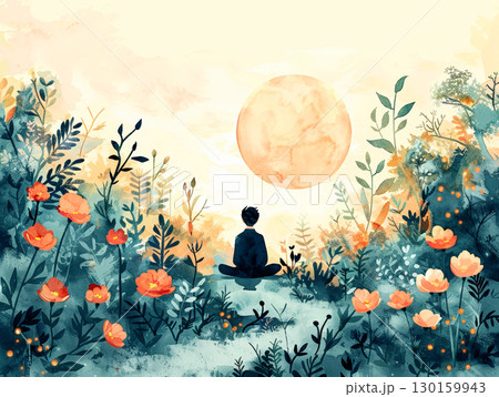 Person meditating in floral landscape at sunrise 130159943