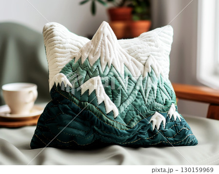 Quilted pillow with mountain design 130159969