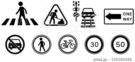 交通標識アイコンセット 横断歩道 工事中 一方通行 鉄道踏切 速度制限 130160388